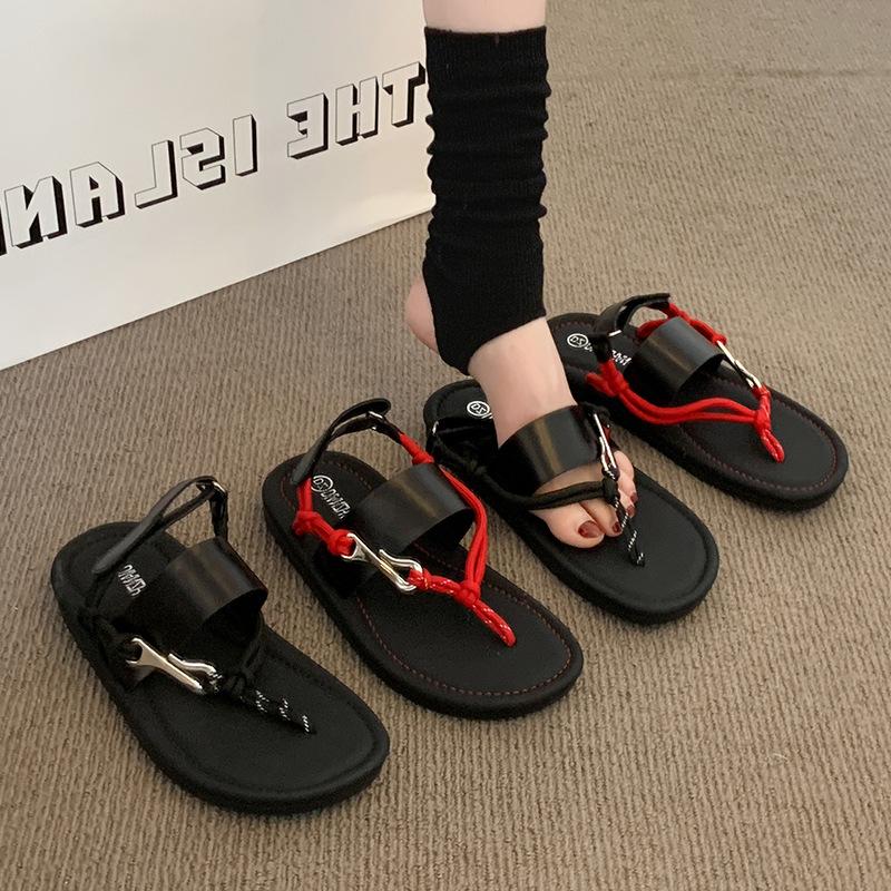 Summer Casual Open-toed Beach Vacation Flat Bottom One-Word with Pimps Black Vintage Roman Herringbone Pimps Sandals Women