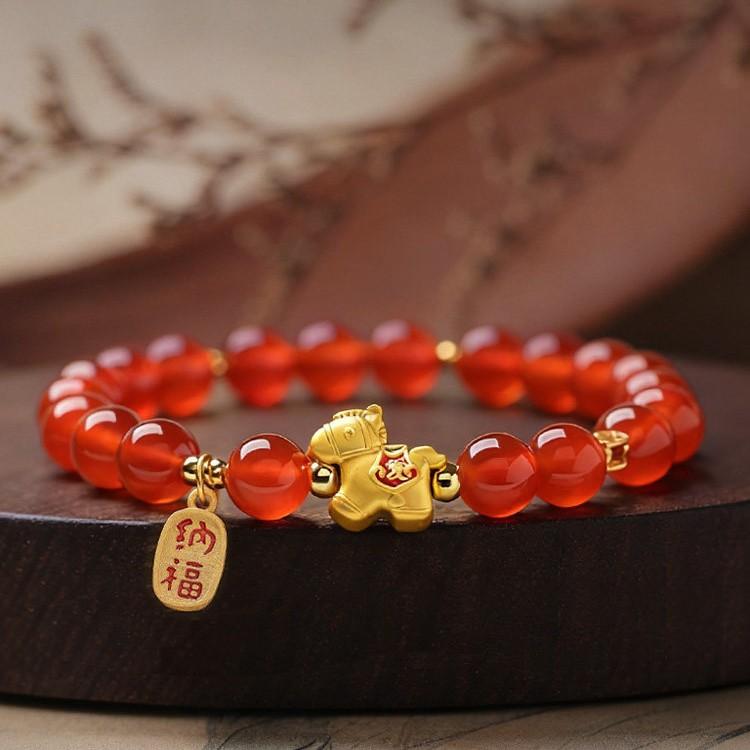 Natural Red Agate Pony Bead Bracelet for Women2026Lucky charm bracelet gift for the Horse zodiac sign to bring wealth