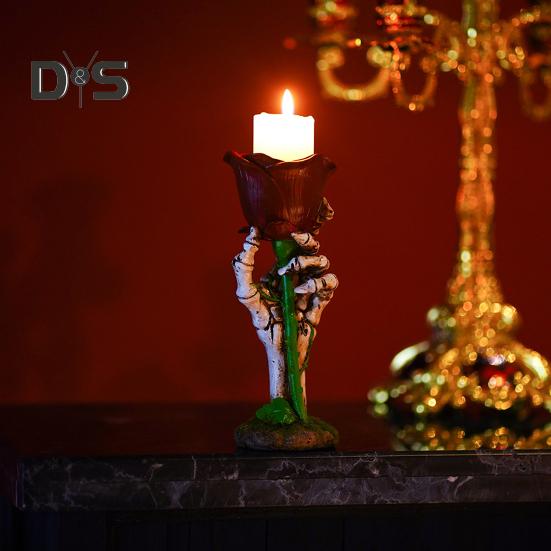 Skeleton Hand Rose Candle Holder Ghost Hand Holding Flower Resin Figurine Taper Pillar Candle Candlestick Table Centerpiece Decoration