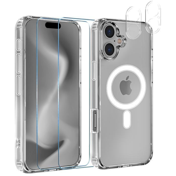 Coque Silicone pour iPhone 16 et 2 Verres Trempé écran et 2 Protections Caméra - Cercle magnétique intégré Phonillico®