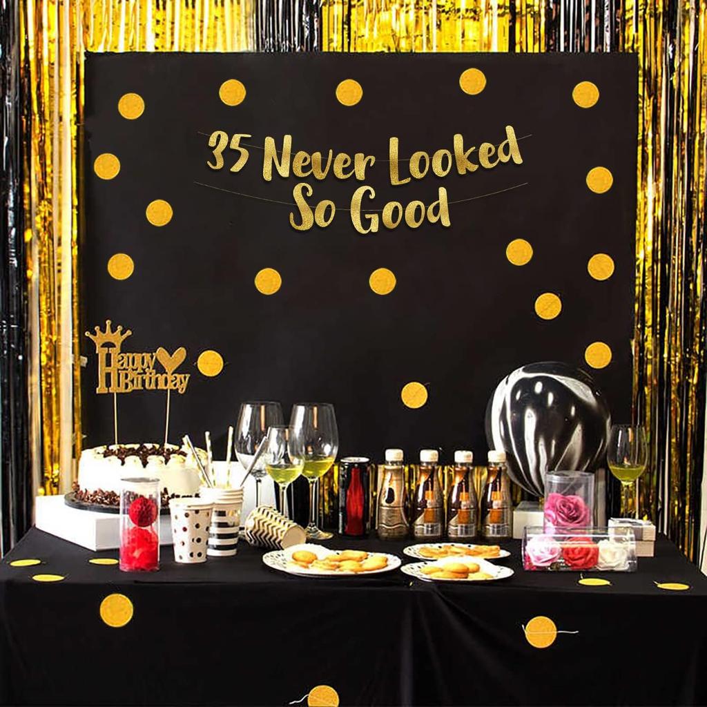 35 Never Looked So Good Gold Glitter Banner - 35th Anniversary and Birthday Party Decorations