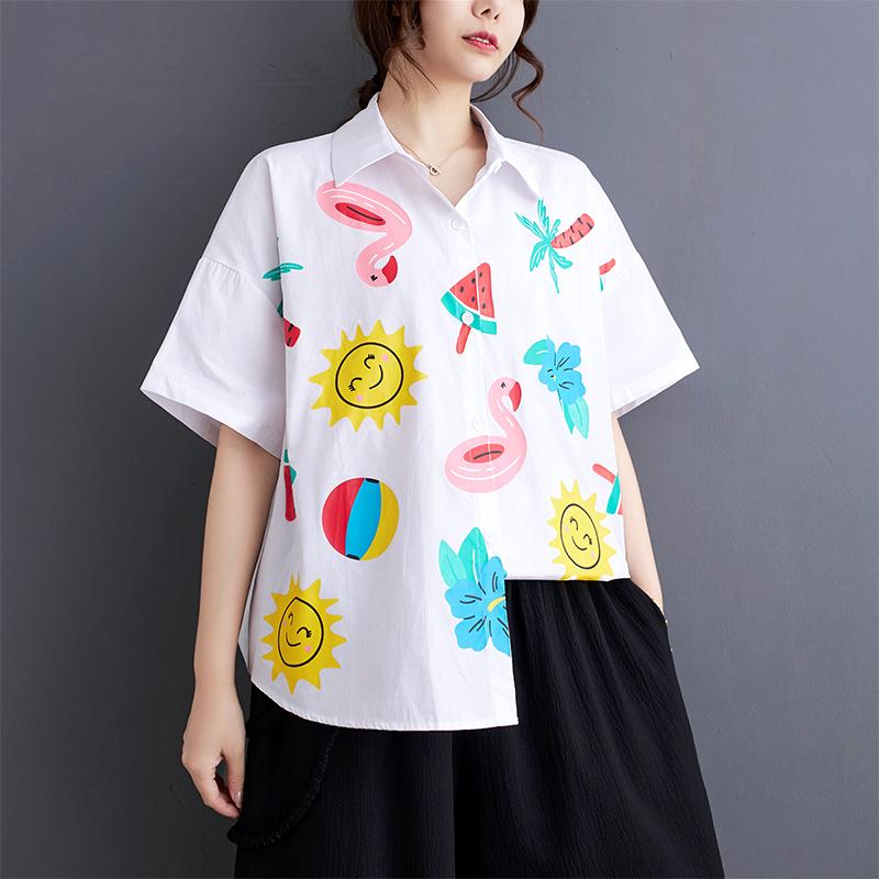 DIMANAF 2025 Plus Size New Summer Style Blouse Vintage Design Short Sleeve Colorful Casual Shirt Women Loose Shirt Geometric Print Shirt