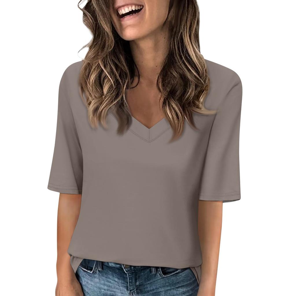 Women's Solid-color V Neck T Shirts Half Sleeve Tops Printed Casual Summer Tees T Shirt Blouse