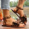 Fashion Summer New Leopard Bow Sandals Plus Size Round Toe Open Toe Casual Breathable Soft Sole Non-Slip Women's Flats