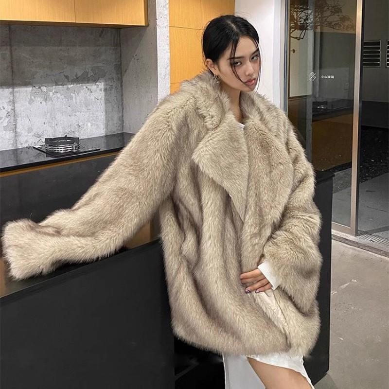 2026 Winter Faux Fur Coat Womens Mid-Length Blazer Collar Elegant Outerwear