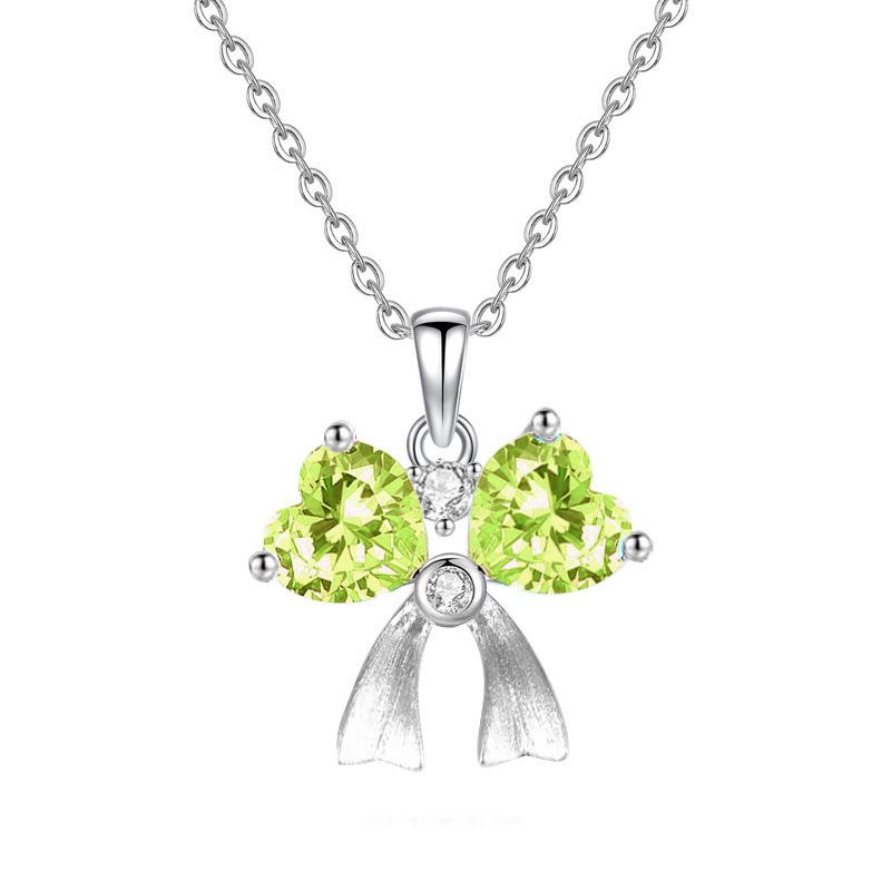 S925 Sterling Silver Bowknot Pendant Necklace with Natural Crystal Love Heart Design Romantic Jewelry Gift for Women Anniversary