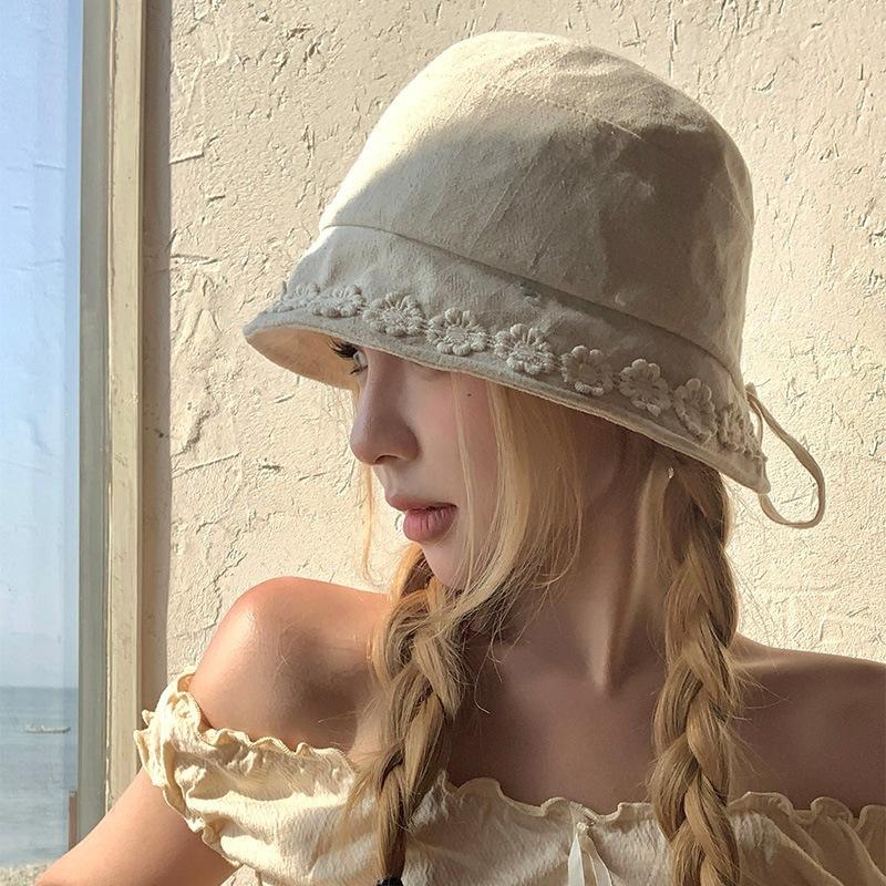 Japanese Cotton And Linen Summer Thin Breathable Versatile Bucket Hat Women'S Washbasin Hat Sunscreen Flower Sun Hat Tide