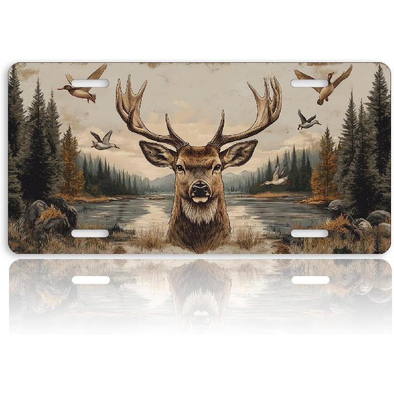 Deer Front License Plate for Women Buck Antlers Wilderness Lake Hunting Car Vanity Plates Decorative Aluminum Metal Cute Novelty License Plate 6x12