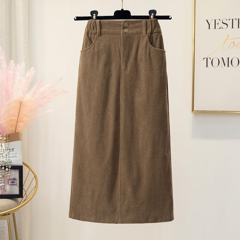 Женская мода с высокой талией для похудения, вельветовая юбка трапециевидной формы, длинное платье, утепленное повседневное однотонное платье