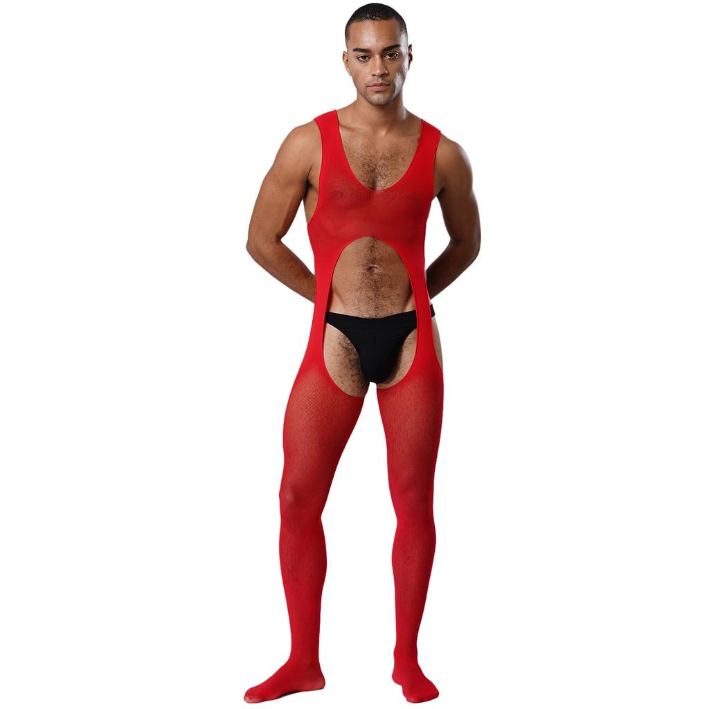Mens See Through Sheer Jumpsuit Sleeveless Hollow Out Opening Crotch Bodysuit