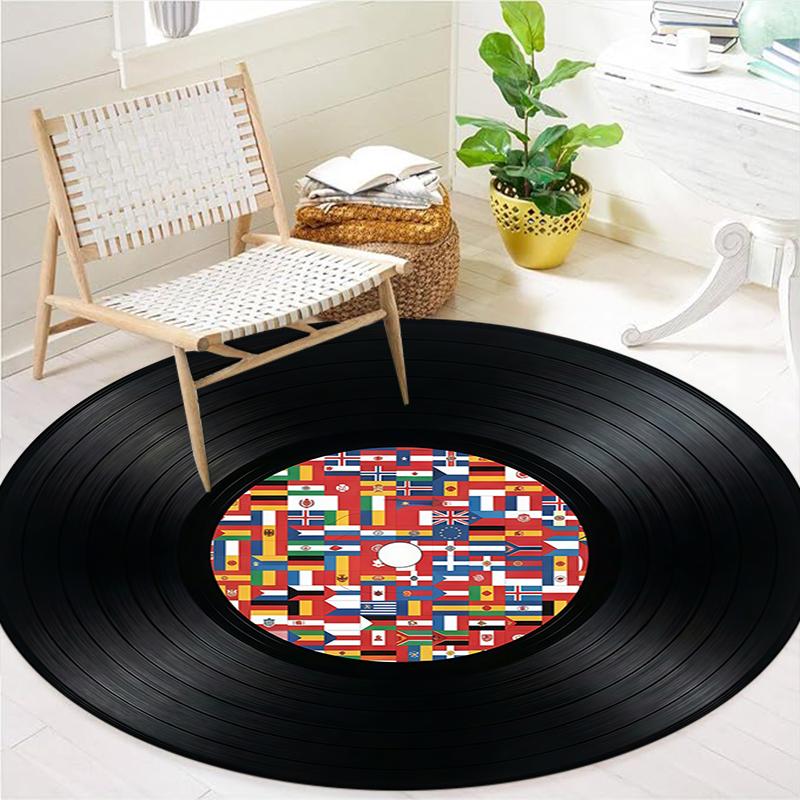 Record Texture Flag Magic Round Area Rug,Carpet Rug for Living Room Bedroom Sofa Playroom Decor,Non-slip Floor Mat