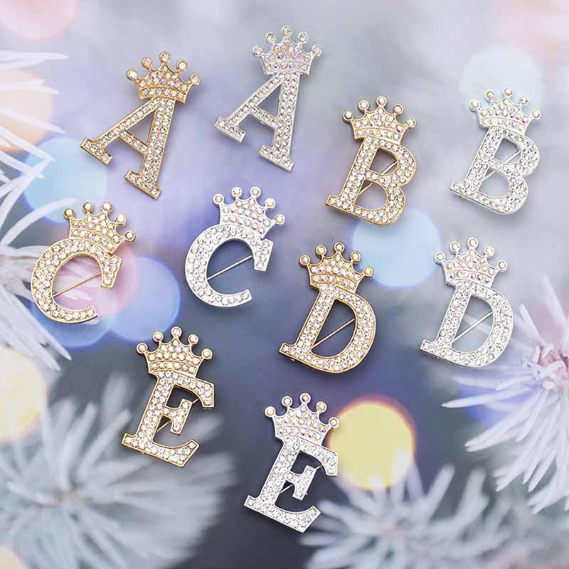 Fashion Crown 26 Initial Letters A To Z Crystal Rhinestone Brooch Pins Women