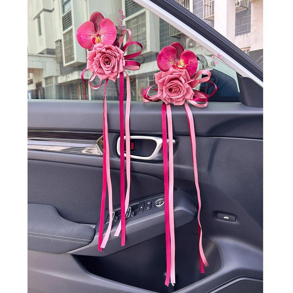 2Pcs Suction Cup Ribbon Wedding Car Flower Bowknot Bridal Car Decoration Photo Props
