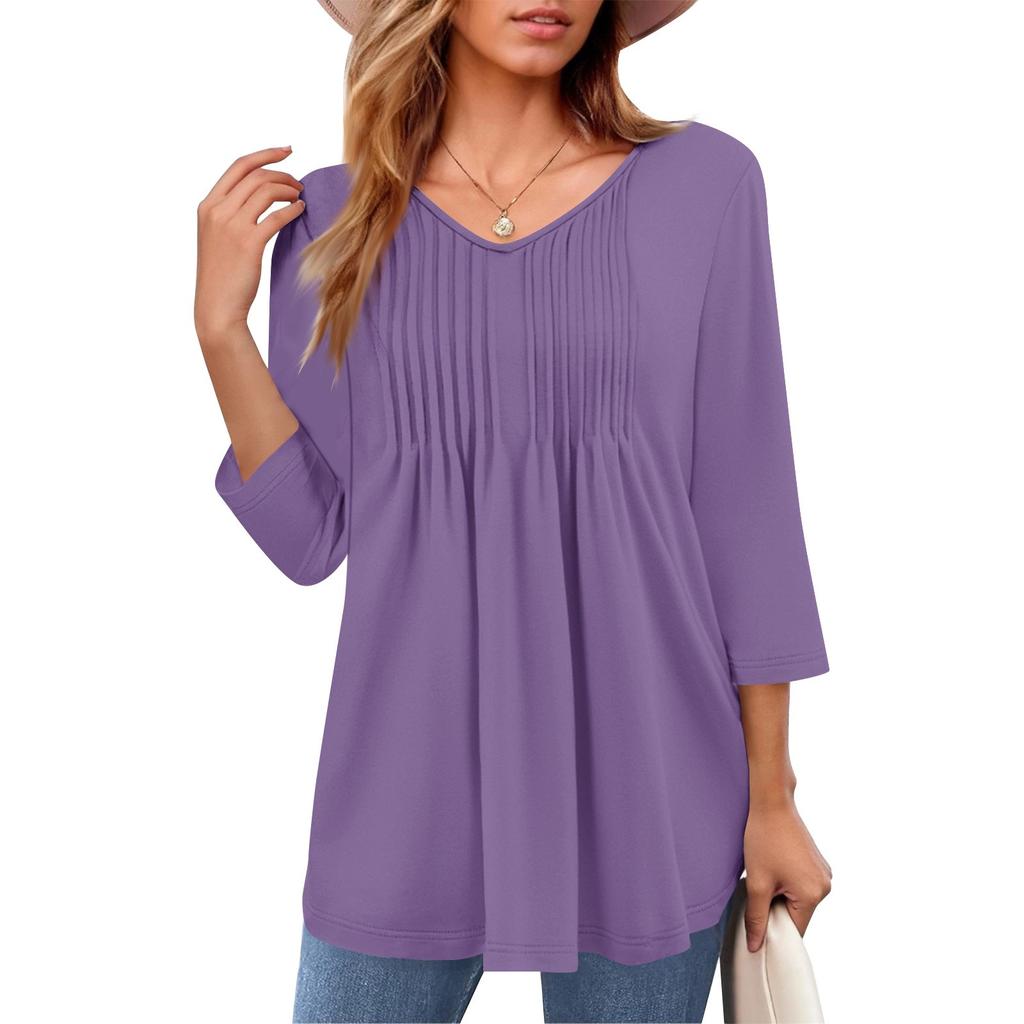 Женские топы с V-образным вырезом и рукавом три четверти в полоску, плиссированные, повседневные, летние, модные, рубашки