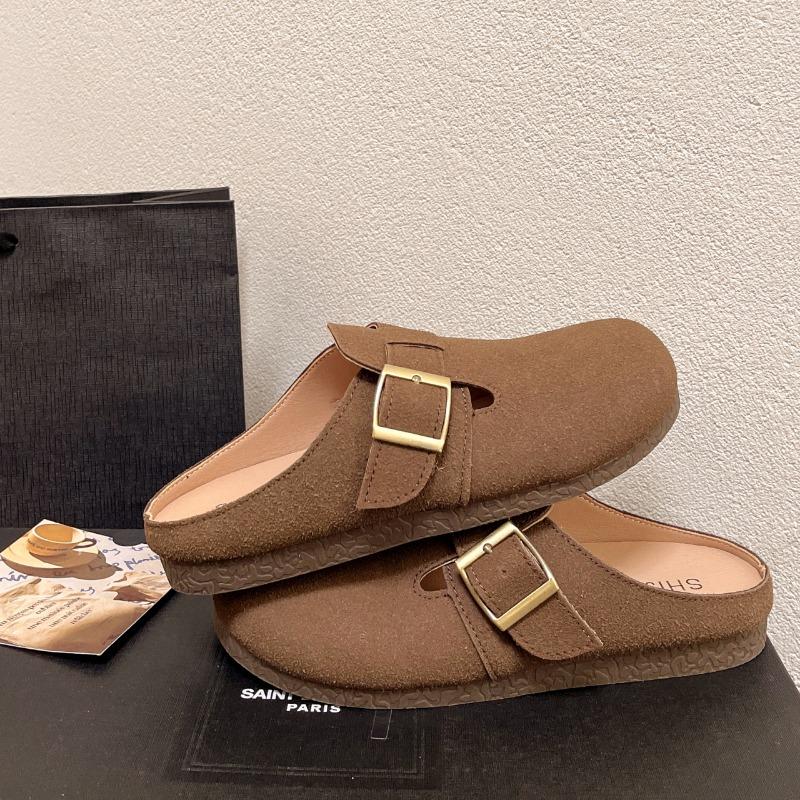 Мода 2024 года, лето, новые однотонные тапочки Baotou с круглой головкой, однотонные, матовые, кожаные, большого размера, удобные для женщин