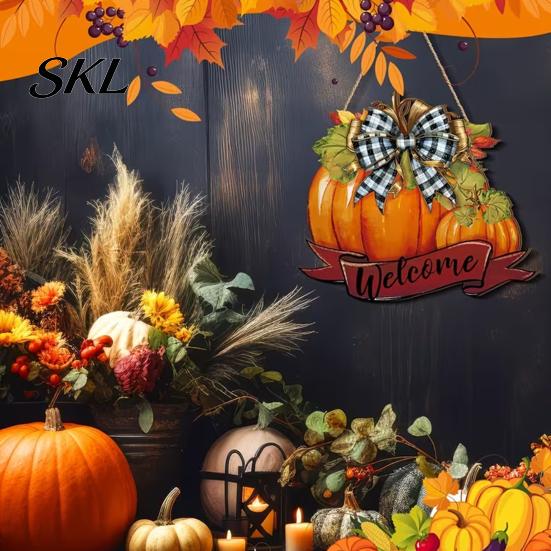 Thanksgiving Pumpkin Decoration Fall Welcome Sign, Door Hanger, Wooden Decor Harvest Sign Hanging Porch for Autumn Farmhouse Wall Solid Wood