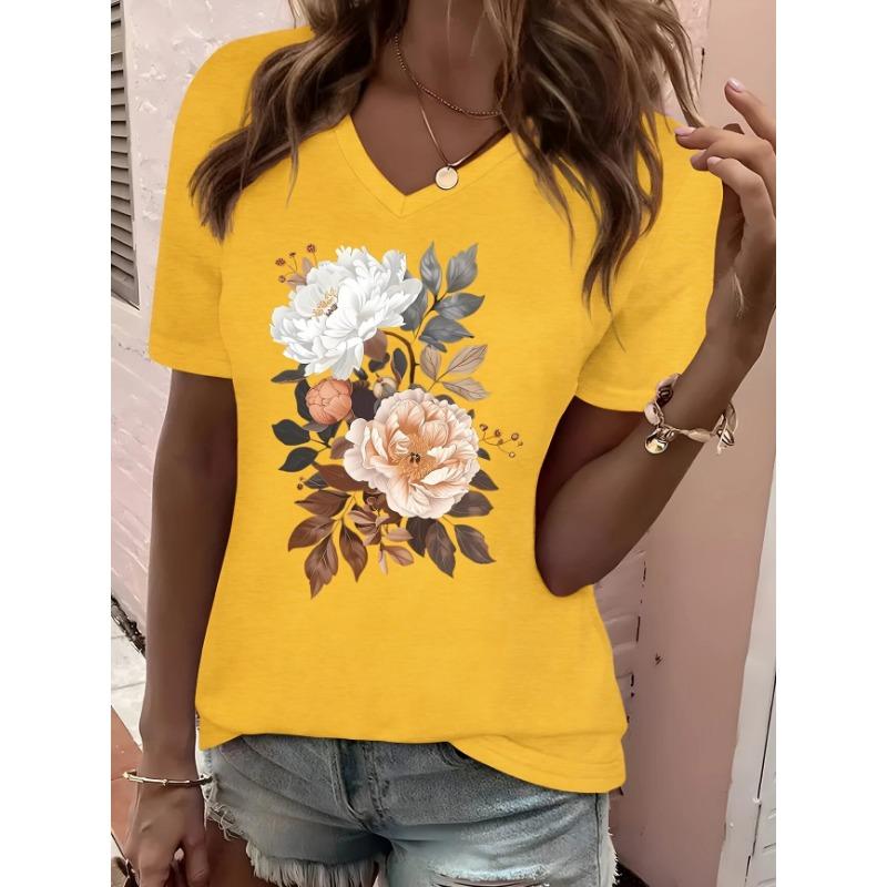 Women's T-Shirt Floral Pattern Printing Fashion Casual Oversized High-Quality Tee Shirt V-Neck Women's Clothing Summer