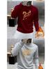 Men's Korean Style Year of the Horse Red Coral Fleece Hoodie, Thickened, Loose Fit, Pure Cotton, Round Neck, Autumn/Winter