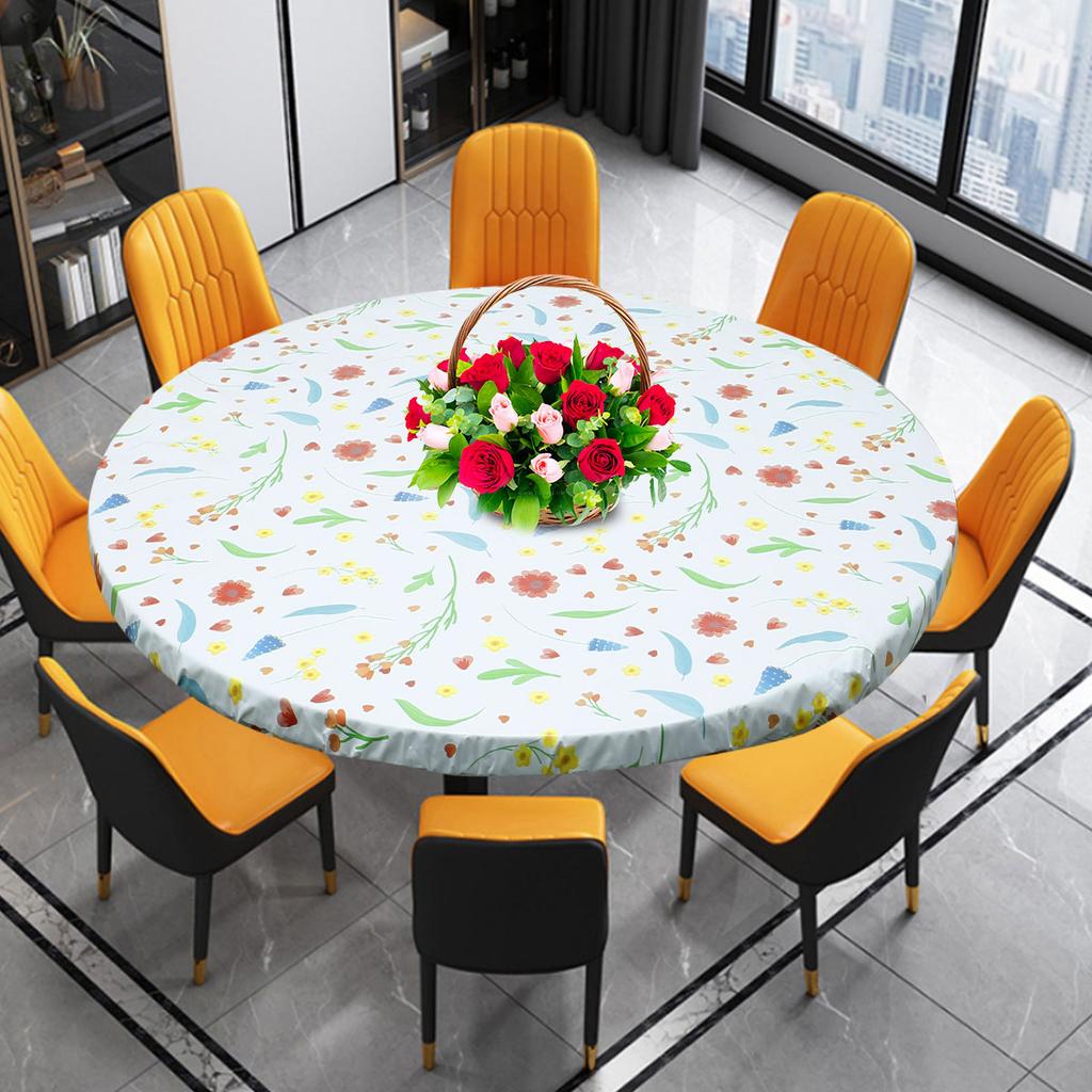 Elastic Edged Vinyl Fitted Tablecloth Flannel Backed & Elastic Edge Oil Table Cover Table Protector 35''-43"/43"-55'' Diameter