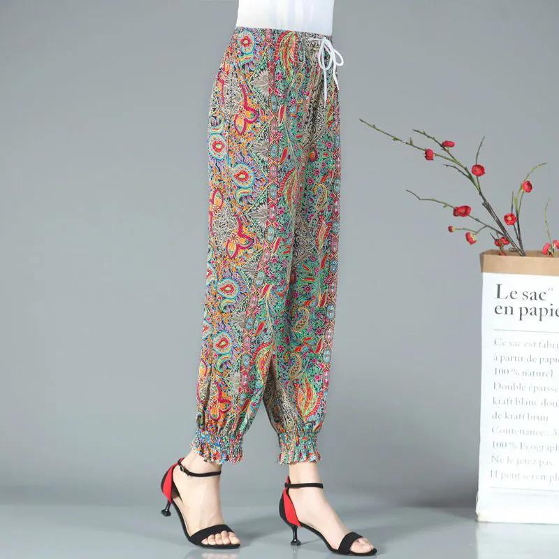 WTEMPO Summer Women Ice Silk Floral Printed Jogger Pants High Elastic Waist Stretchy Leggings Dancing Walking Pants