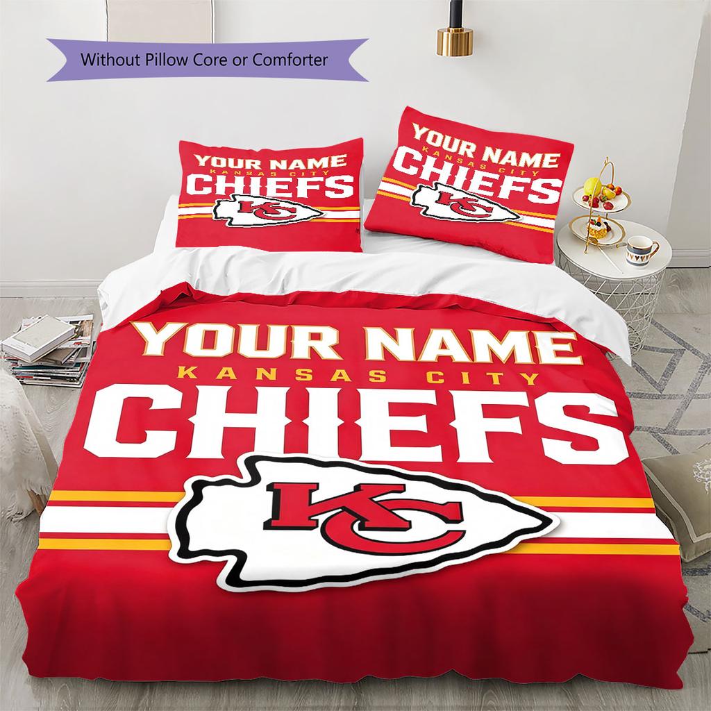 Custom Name,Kansas City Chiefs Pattern Bedding Home Decoration Birthday Gift ( 1 duvet cover + 2 pillowcase, without core),fan merchandise.