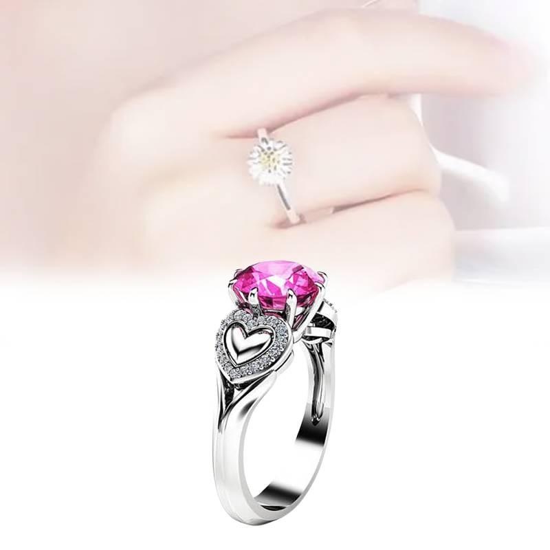 Fashionable Heart Shaped Pink Zircon Crystal Ring With Silver Plated Adjustable Band For Women