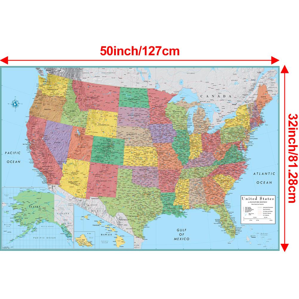 Карта Соединенных Штатов Америки - Административная карта, Безрамная, Для спальни, гостиной, офиса, общежития, Декор для стен с картой мира, Образовательные/Туристические принадлежности