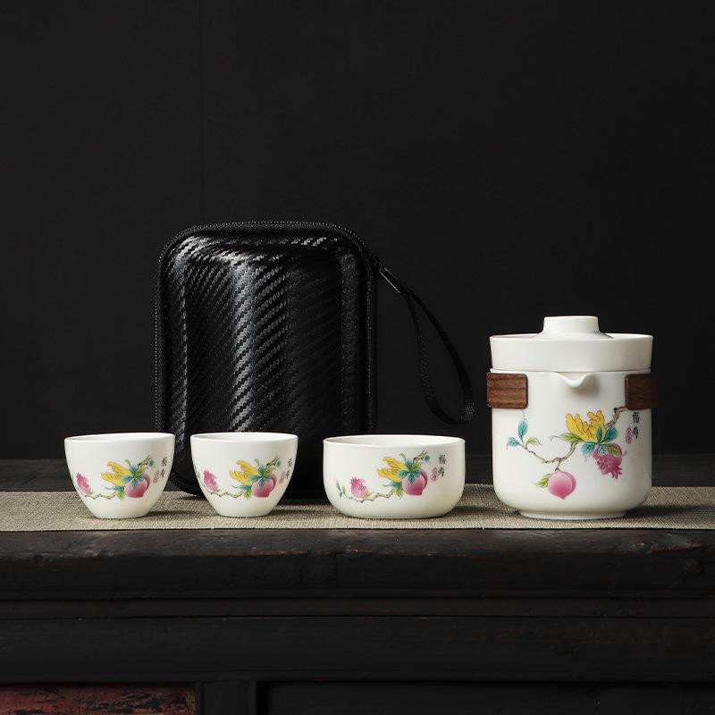 Suet jade porcelain travel tea set Peony embroidery business gift high-end tea set Portable travel tea set