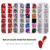 "12-Grid Acrylic Rhinestones for Nail Art: AB White, Large & Small Red Mixed Flat Bottom Gems"