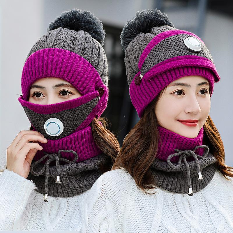 Fashionable Cycling Hat, Ear Protection Wool Hat, Mask Scarf, Knitted Warmth, with Breathing Valve, Three Piece Cap Set, Winter Cycling Equipment
