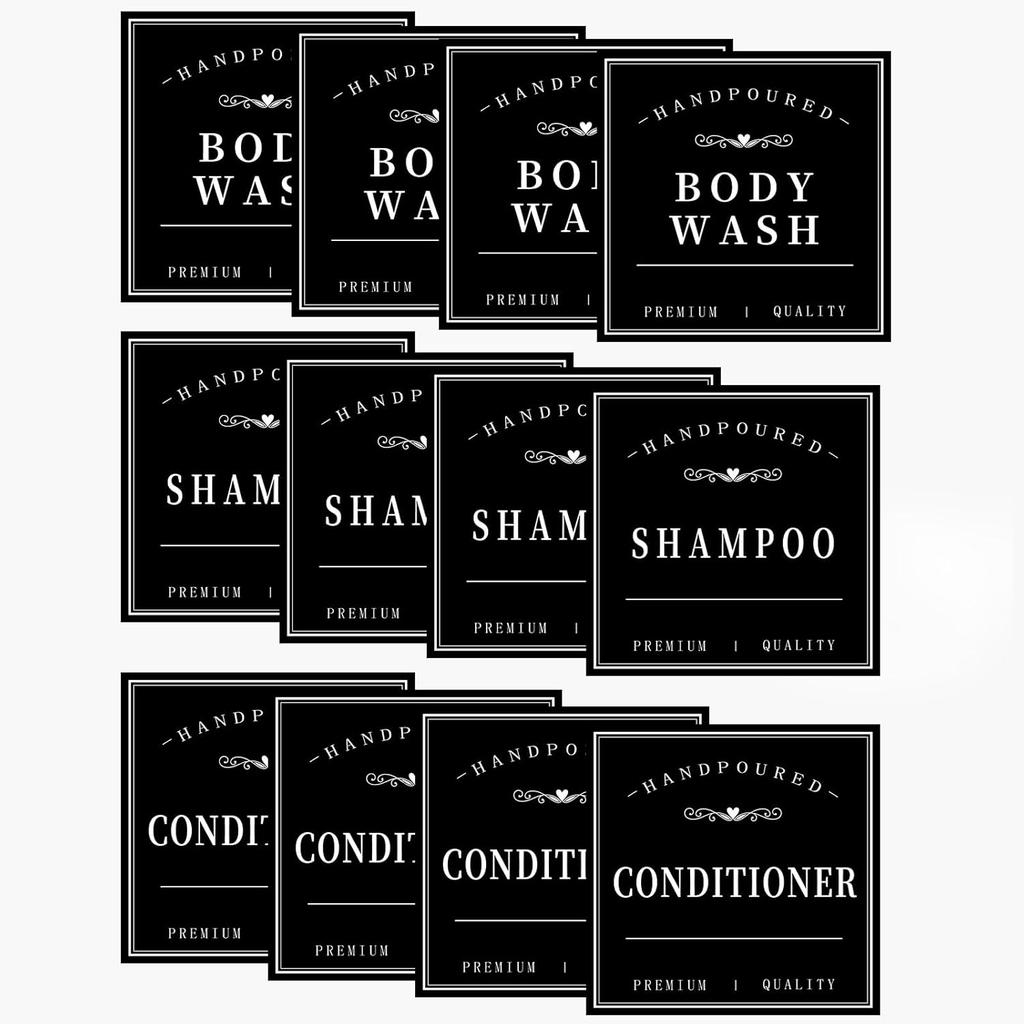 12PCS Bathroom Labels for Soap Dispenser, Removable Bathroom Organization Labels, Waterproof Bottle Labels for Shampoo Conditioner Body Wash (Black)