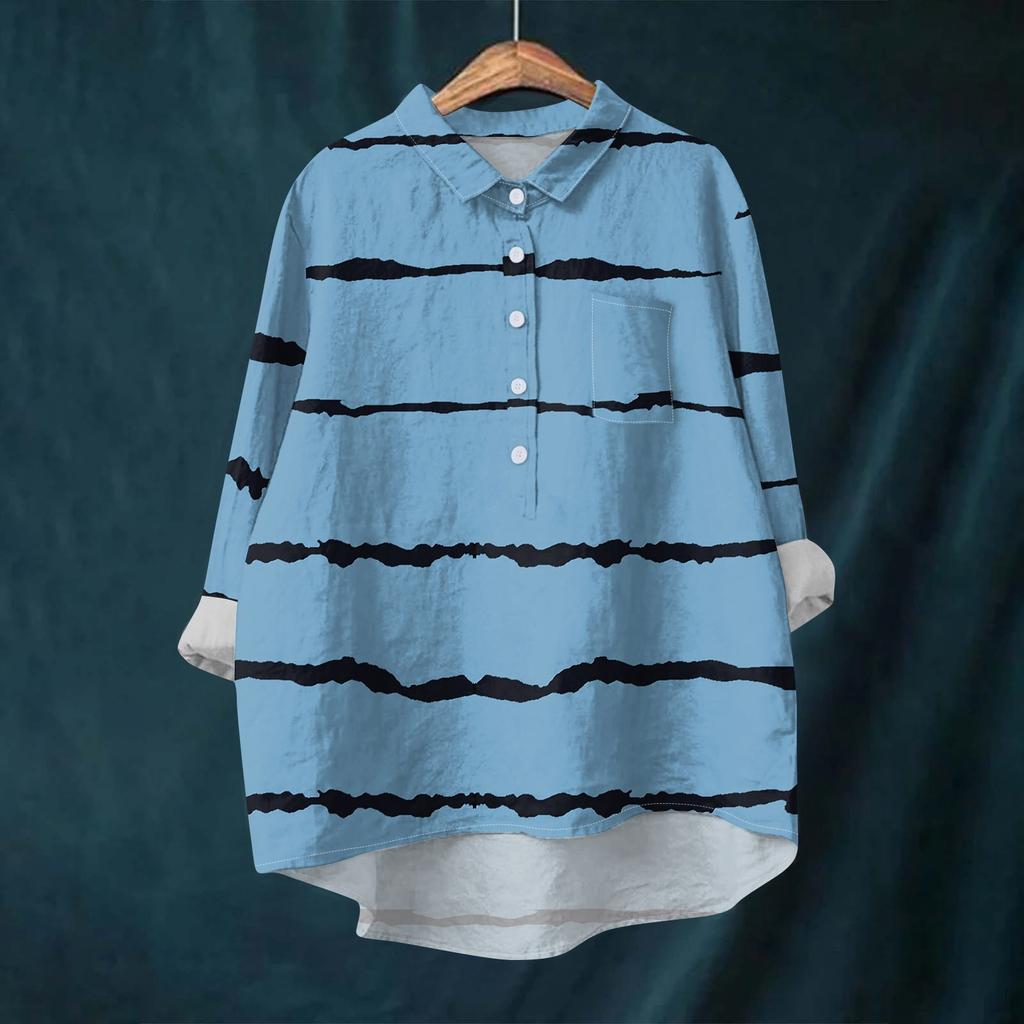 Women's Shirt Blouse Long-sleeved With Buttons Print Casual Hem Irregular Shirt Collar Top