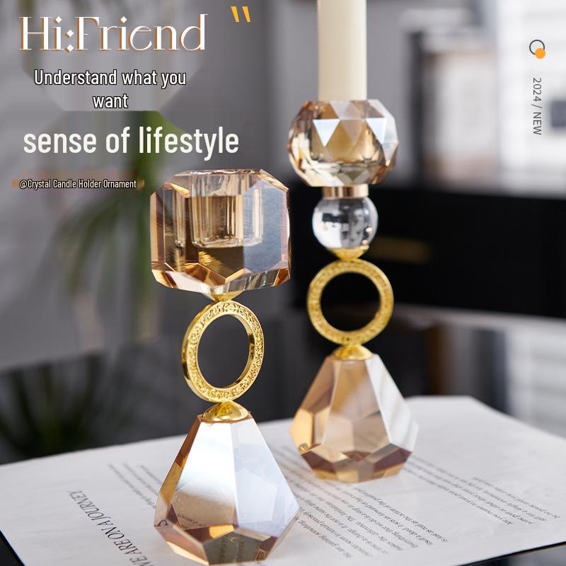 Champagne Modern Crystal Candlestick: Elegant Metal Candle Holder & Decorative Home Ornament