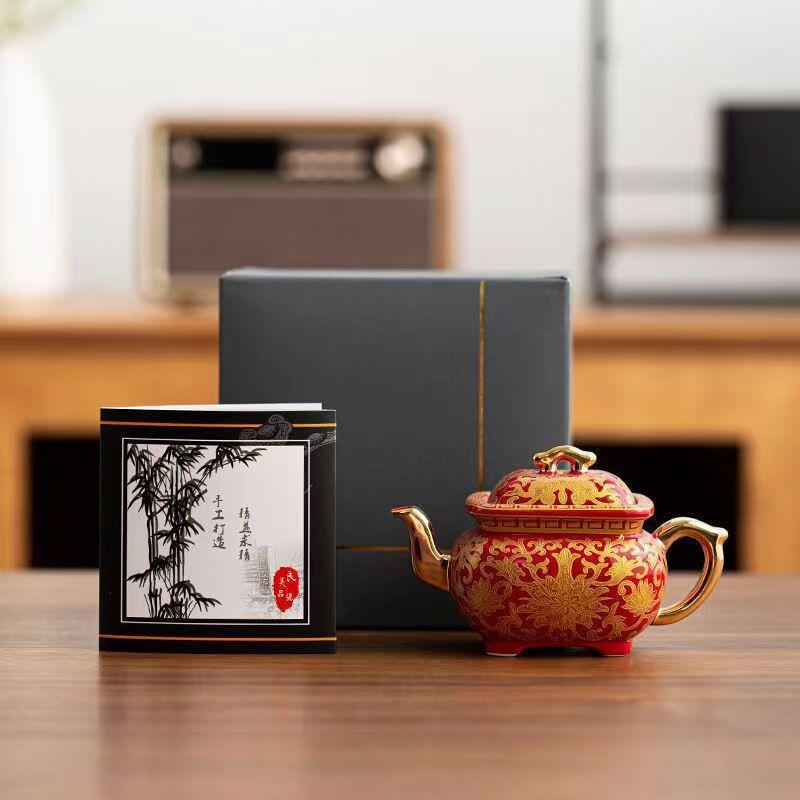 Позолоченный серебряный чайник ручной работы, цветной эмалированный чайник, домашний керамический чайный сервиз в стиле кунг-фу, квадратный чайник в китайском стиле, подарок