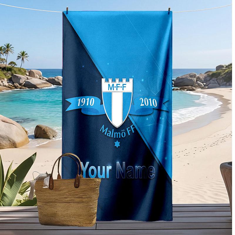 Malmö FF Personalized Printed Beach Towel Soccer Logo Support Custom Name Text Absorbent Towel For Sport Travel Special Gift