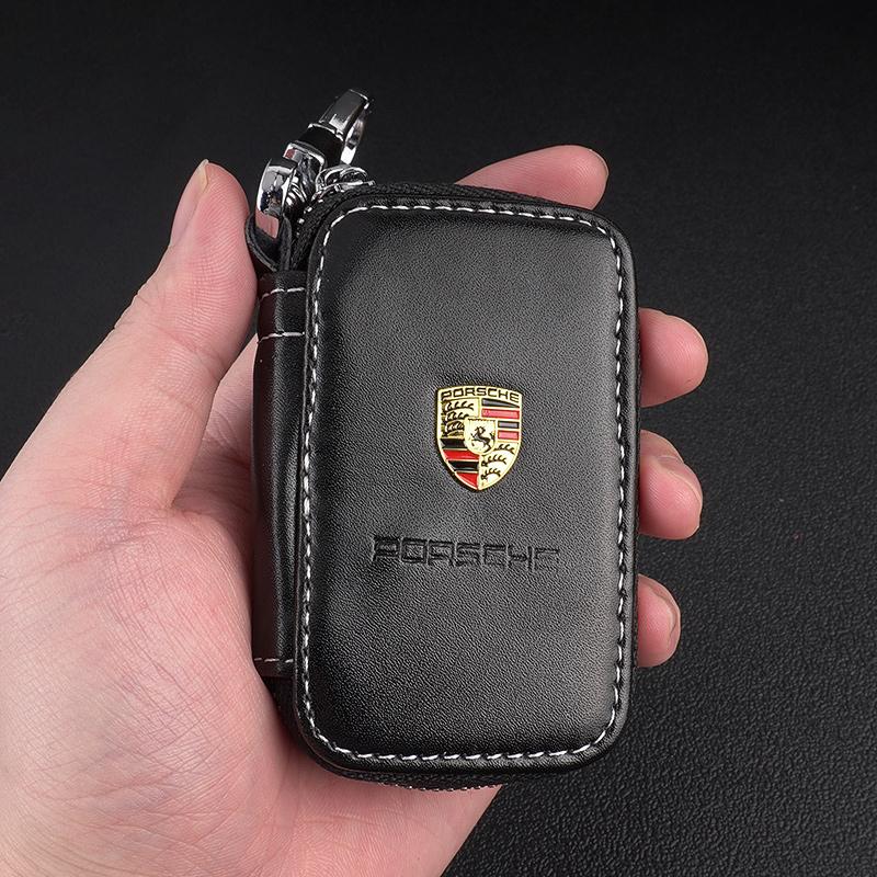 BMGB9 3D Metal+Leather Car Wallet Key Bag Multi Function Key Case For Porsche Cayenne Panamera Macan Boxster Cayman 718 911 Sticker