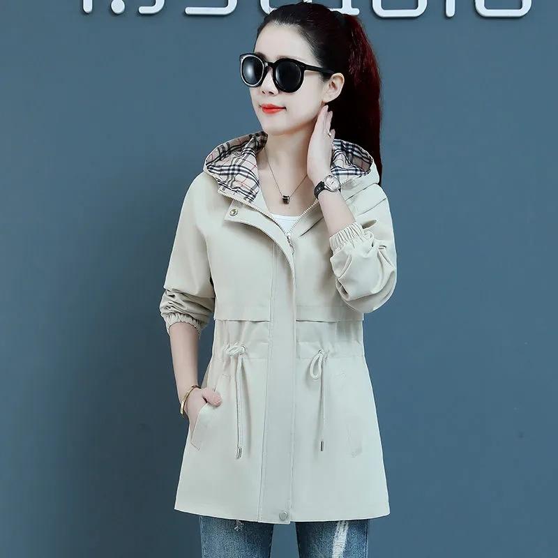 Женская куртка-тренчкот корейская весна-осень свободные длинные рукава короткие пальто женская ветровка с капюшоном верхняя одежда топы
