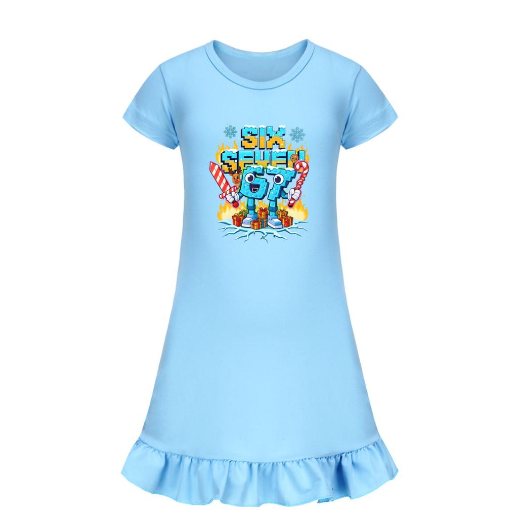 5193 Детское Платье для Девочек Steal a Brainrot 67 Six Seven с Принтом и Короткими Рукавами с Рюшами