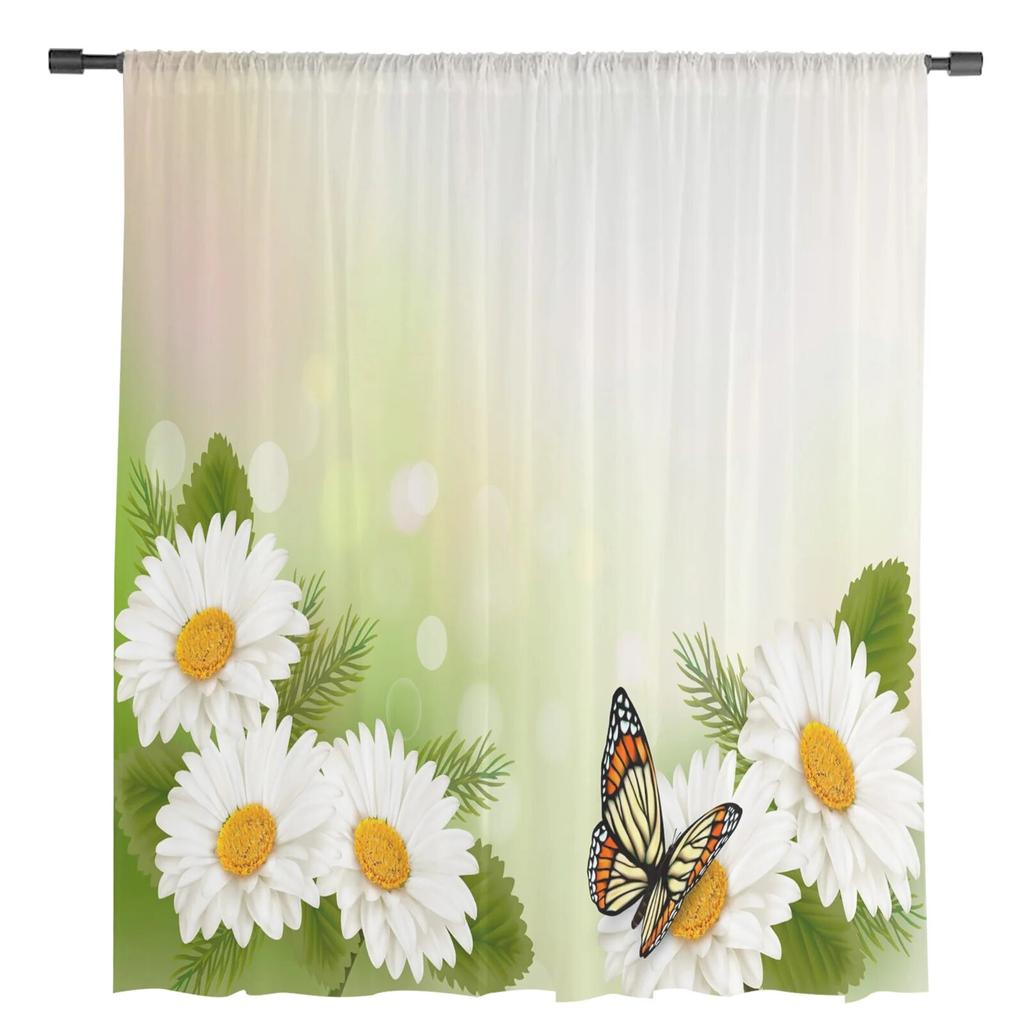 Прозрачные шторы с белым цветком, хризантемой и бабочкой для спальни, гостиной, вуали, оконные шторы, тюлевые шторы для детской комнаты