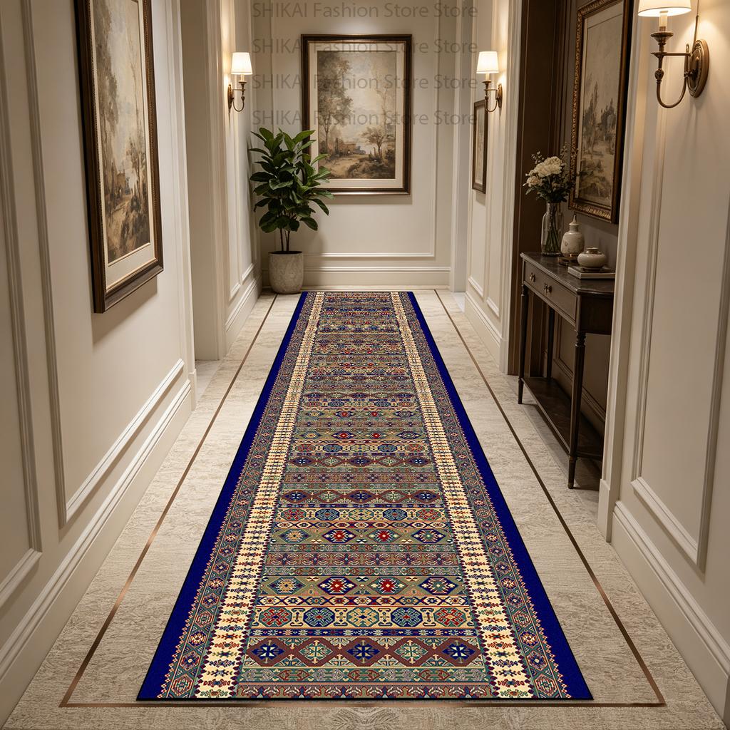 European American Style Light Luxury Retro Long Corridor Carpet Non-slip Soft Washable Runner Rug Easy Clean Foldable Aisle Mat