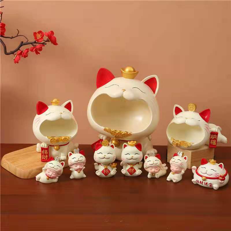 Lucky Cat Storage Tray Statue Resin Sculpture Sundries Candy Storage Box Fortune Cat Figurine Key Holder Living Room Home Decor