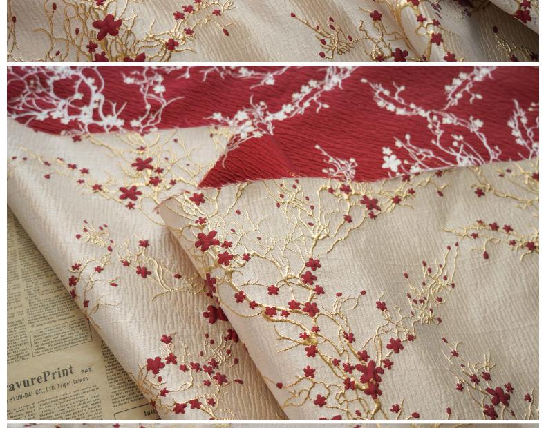 Elegant Women's Dress with Gold Embossed Thread and Red Floral Jacquard Fabric