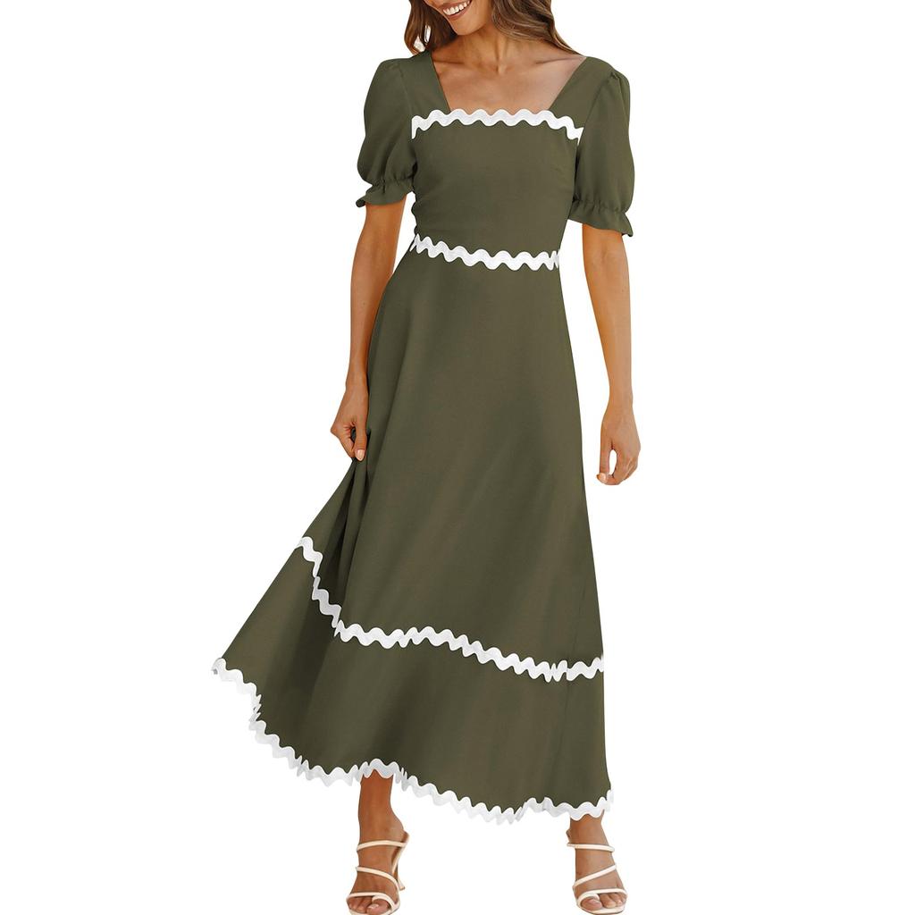 Women's Solid Color Square Neck Short Puff Sleeve Dress Casual Tie Back Smocked A Line Flowy Bubble Sleeve Dresses