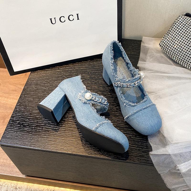 Women's Vintage Chunky High Heels Woman Sandals Back Strap Denim Heels Summer Shoes Designer High Heel Shoes For Women