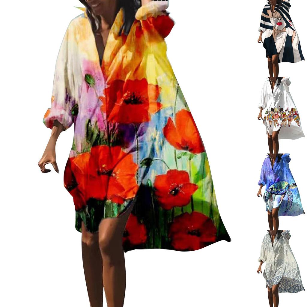 Women Summer Bohemian Dress Casual Print Shirt Dress For Women Fashion Long Sleeve Beach Hawaiian Cover Ups Dresses Clubwear Button Down