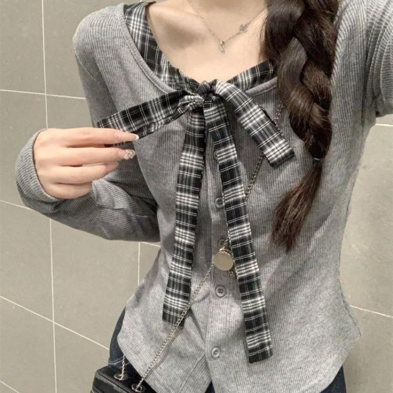 Женский кардиган с бантом, корейский стиль, V-образный вырез, вставки из кружева на шнуровке, однобортный, женский свитер, осенний модный свободный удобный женский топ
