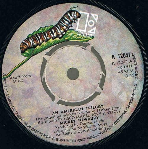 7-дюймовая пластинка MICKEY NEWBURY - An American Trilogy K12047 Elektra 1972 UK Rock Б/у