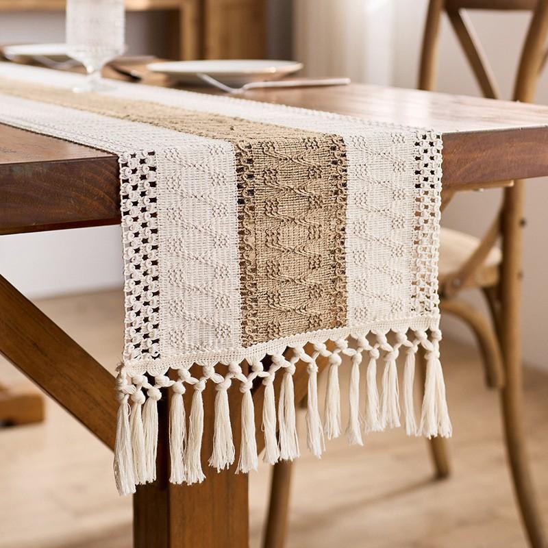 Bohemian Style Woven Table Runner Dining Decor Breathable Anti-Slip Dustproof Durable Polyester-Cotton Blend