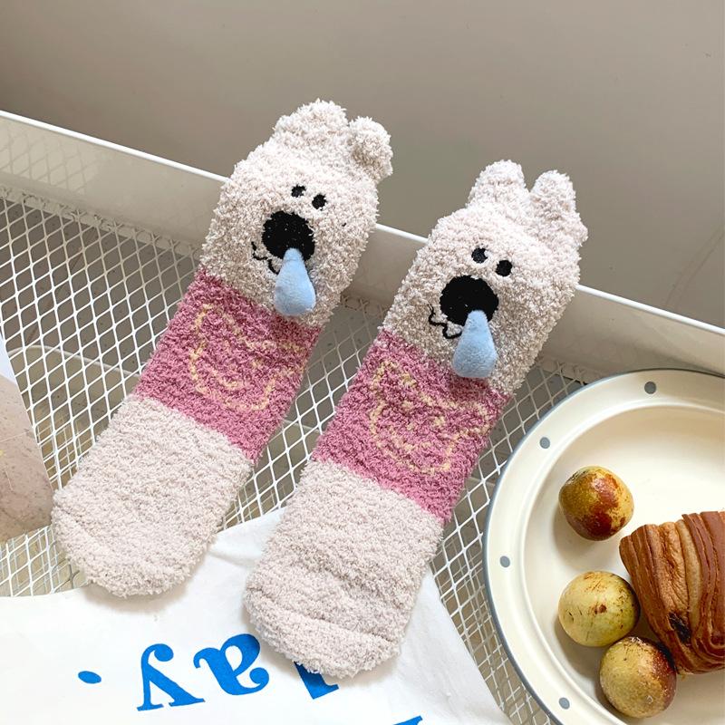 Носки женские осенние и зимние новая милая коллекция кукол коралловый флис носки средней длины утолщенные теплые домашние носки для сна
