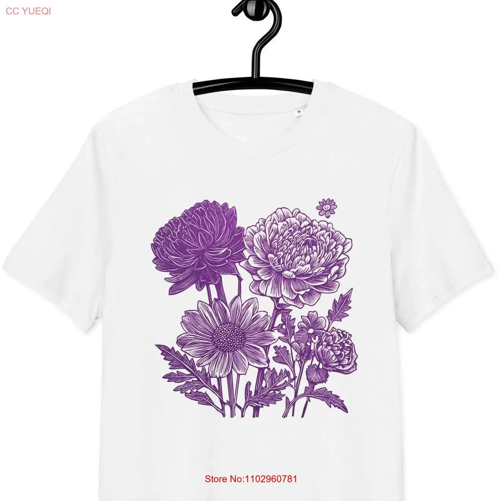 Vintage Purple Botanical Flowers Organic Cotton T Shirt Summer Birthday Aesthetic Garden Nature Vintage Stretched